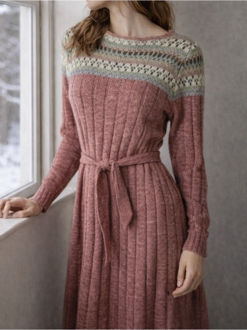 Vintage Cottagecore Fair Isle Knit Sweater Dress Folk Romantic Medium‎ Cabincore